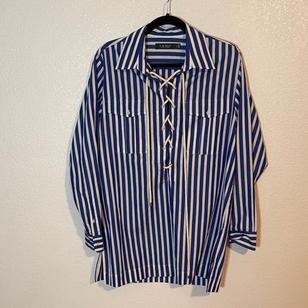 Lauren Ralph Lauren Blue White Nautical Stripe Lace Up Popover Top Size Large